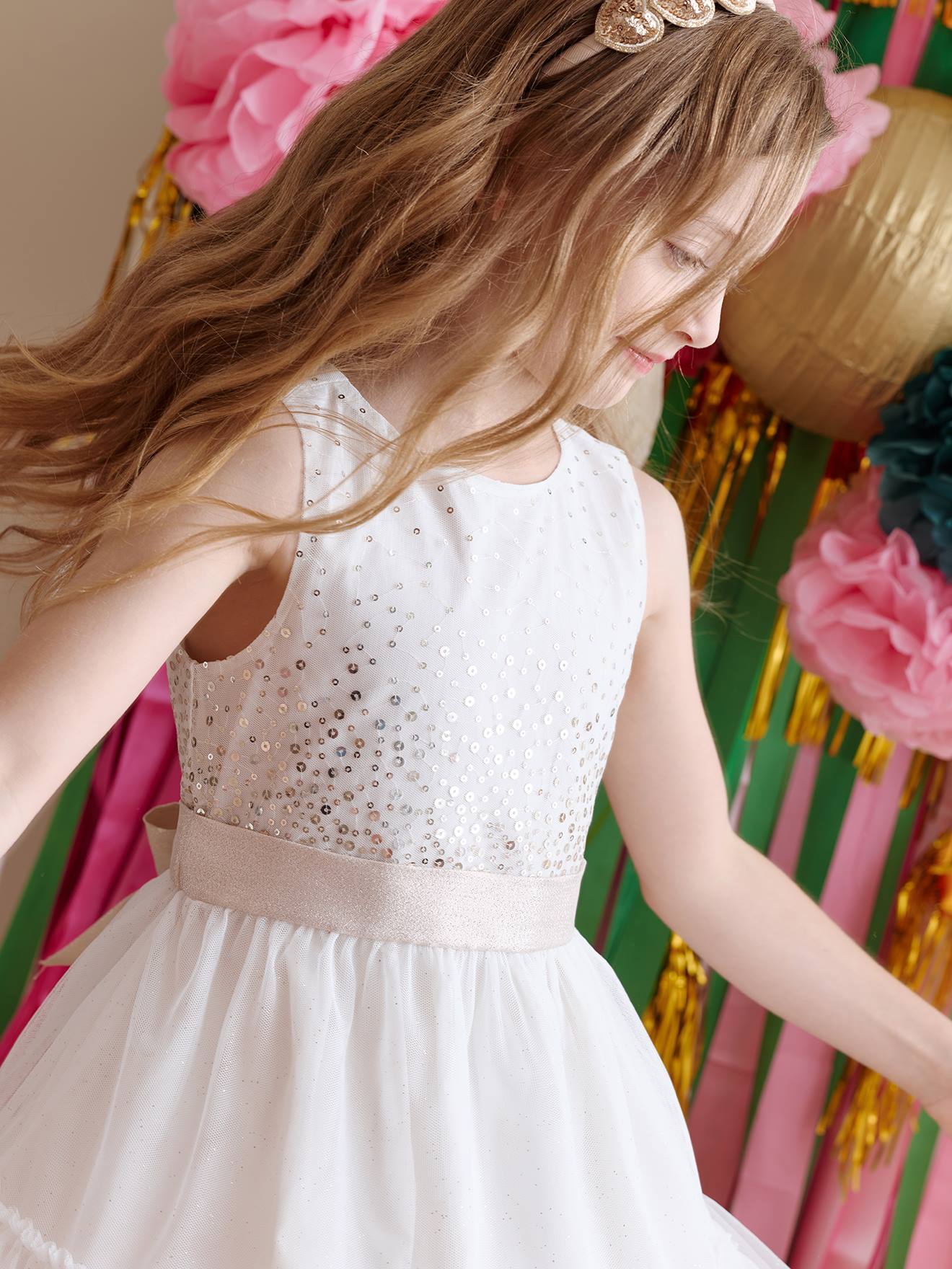 Robe fille noël à sequins et tulle écru