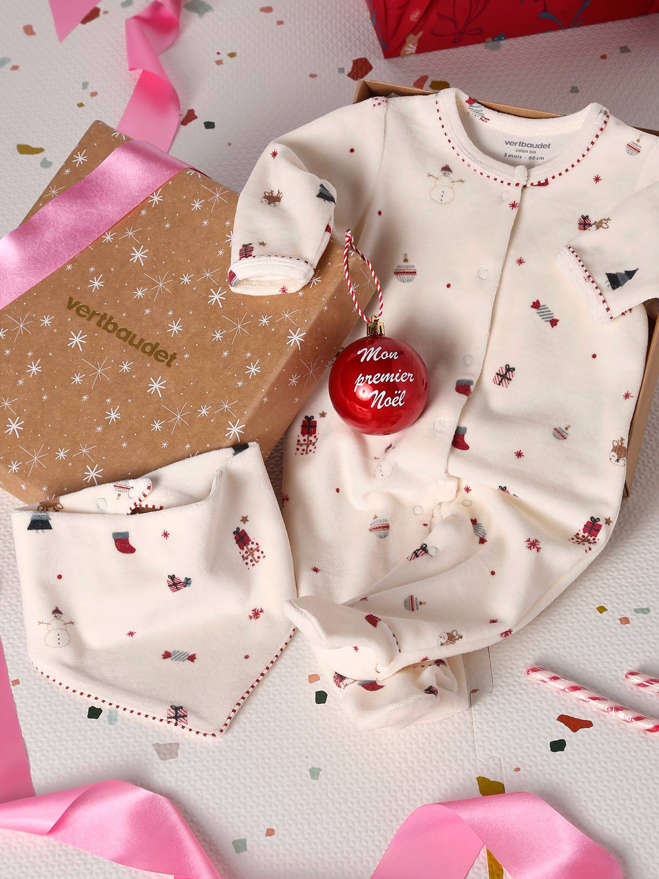 Ensemble 3 pièces bébé coffret cadeau Noël écru