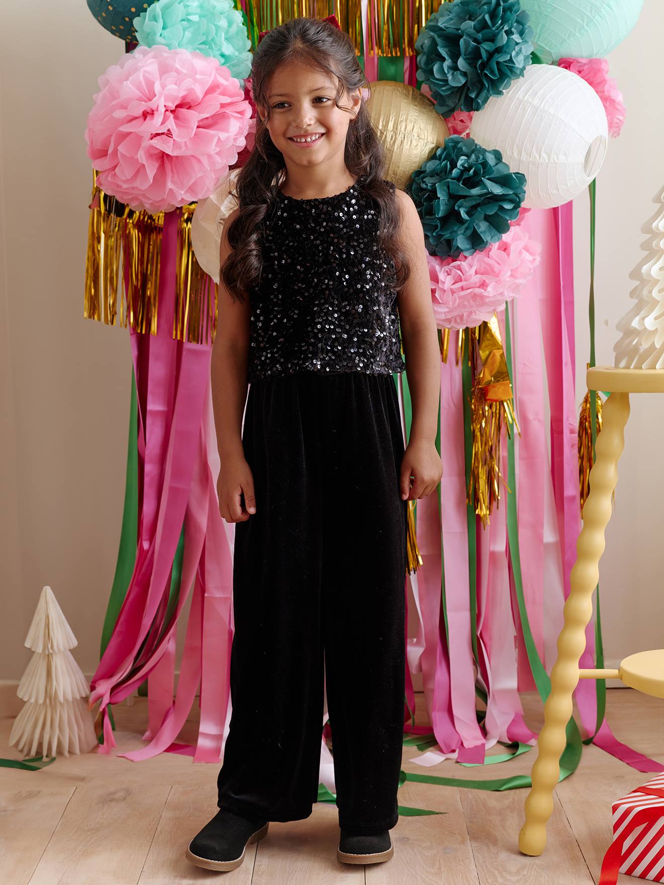 Combinaison fille bi-matière sequins et velours noir