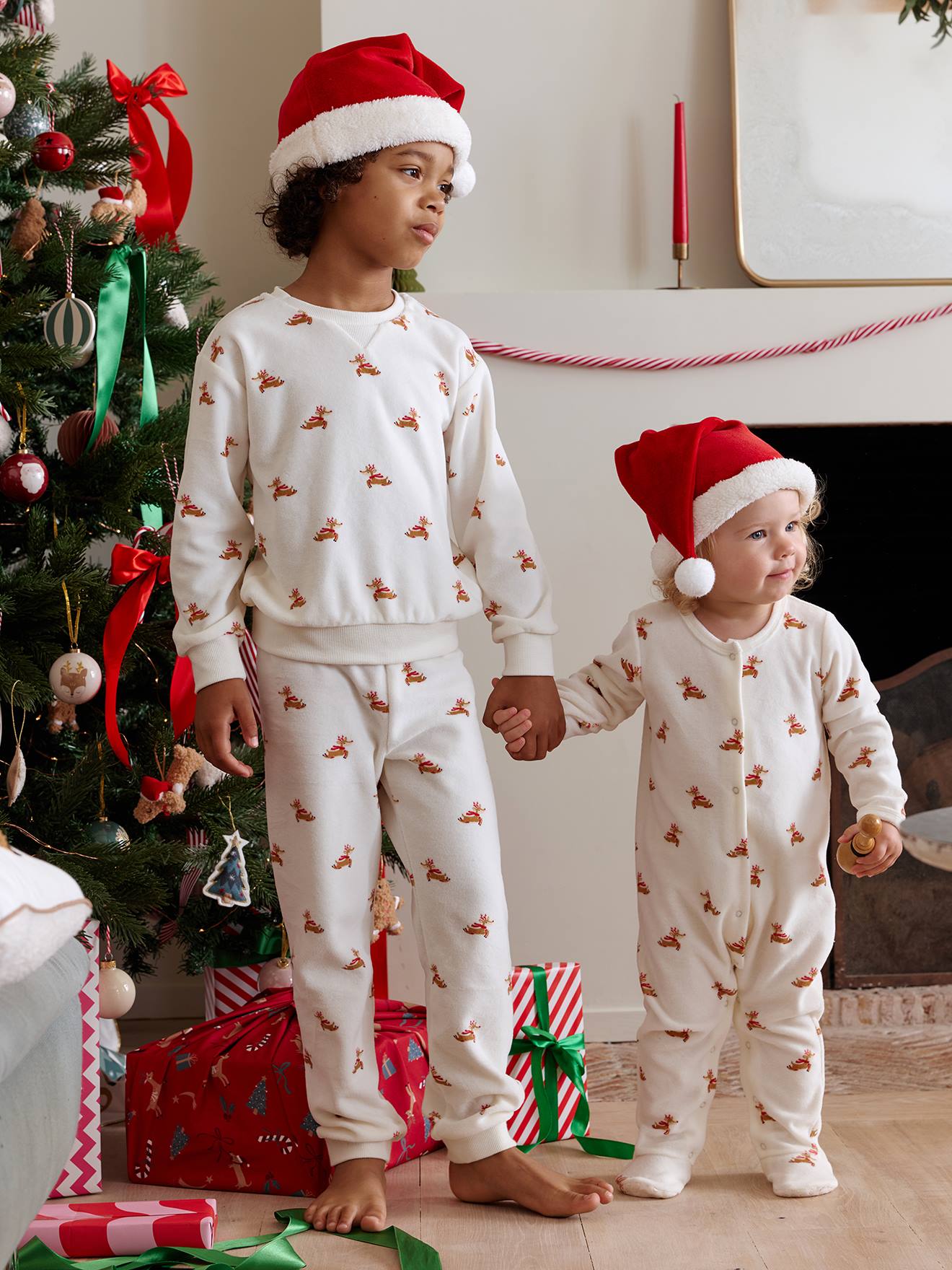 Ensemble enfant noël pyjama mixte bonnet capsule fratrie écru