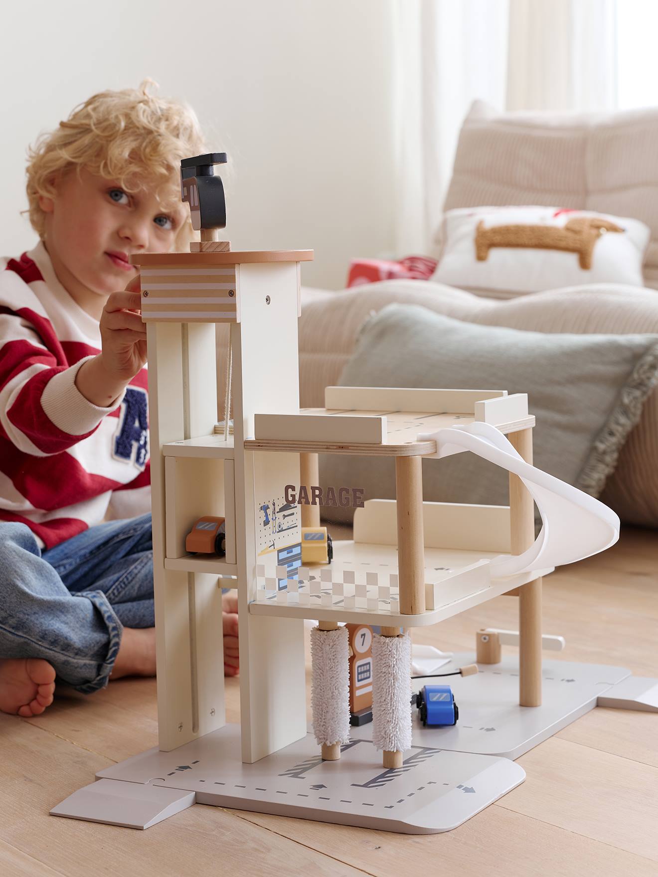 Garage Voitures Bois 3 Étages Enfants – Parking Jouet Avec Ascenseur, Barrières & Accessoires – Cadeau Top 3 Ans+