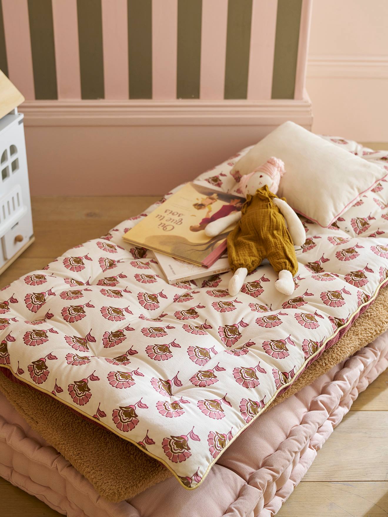 Matelas de sol bi-matière fleurs/velours Arizona rose