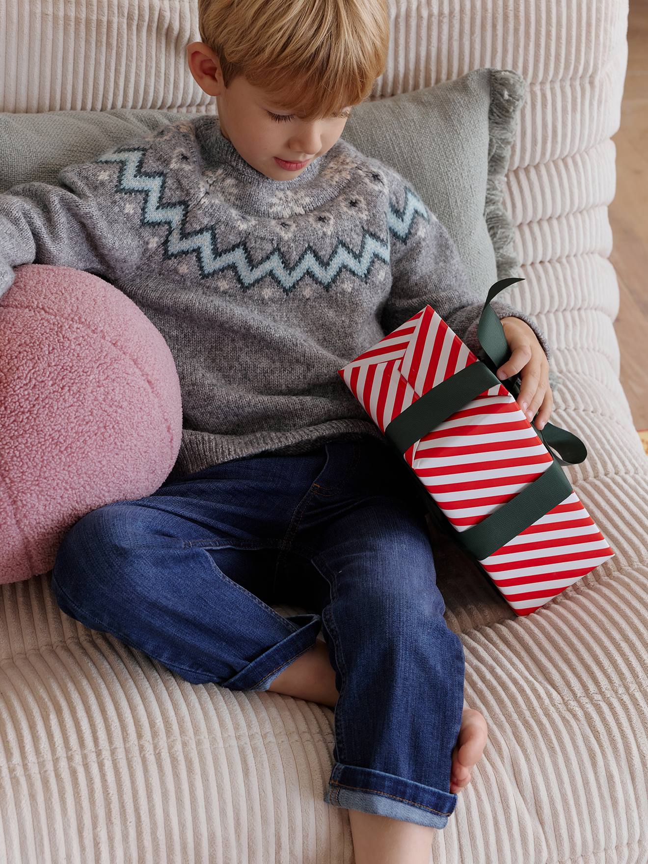 Pull mixte jacquard noël capsule famille gris chiné