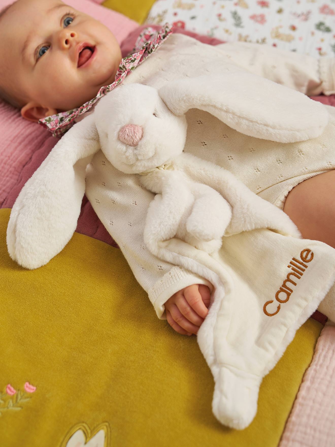 Doudou lapin bi-matière personnalisable blanc