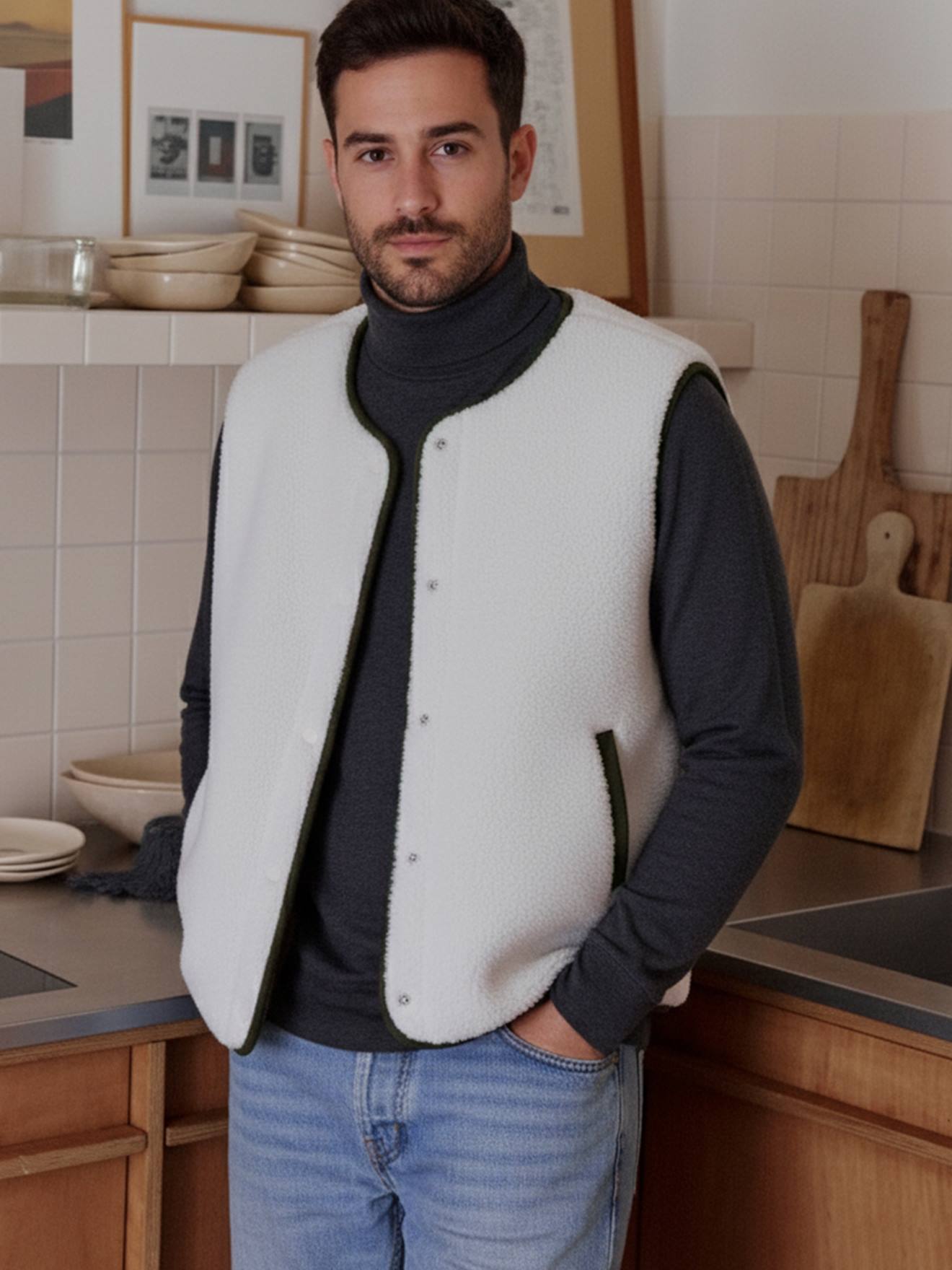 Gilet homme sans manches réversible capsule famille écru