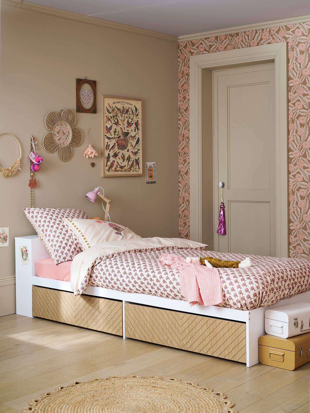 Lit enfant avec tiroirs + rangement bibliothèque CHEVRON blanc