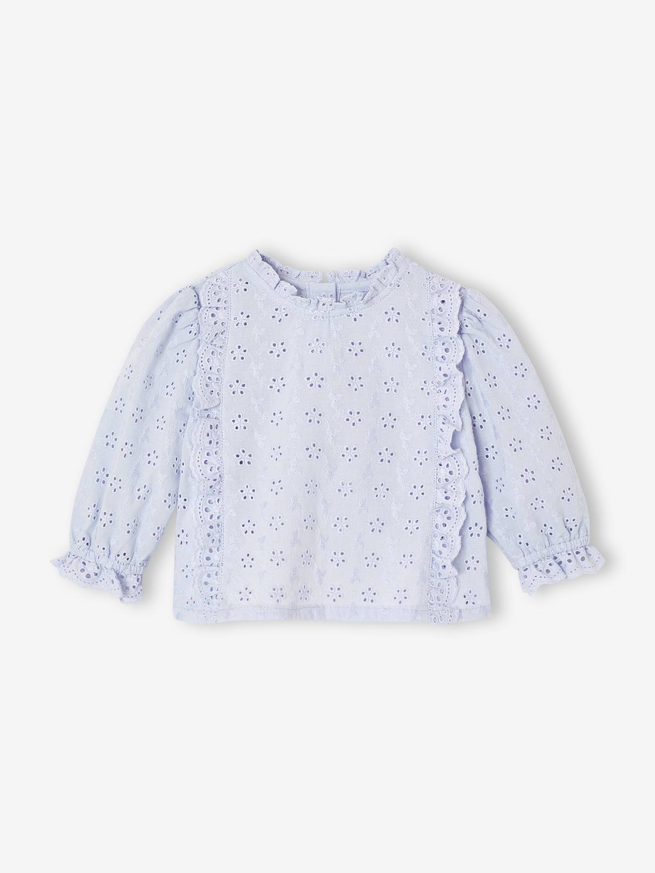 Blouse bébé broderie anglaise à volants bleu ciel
