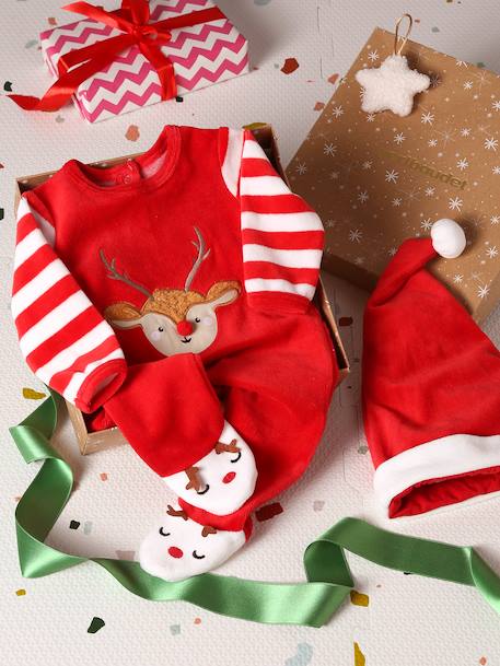 Vertbaudet - Coffret cadeau noël pyjama en velours et bonnet bébé rouge brique