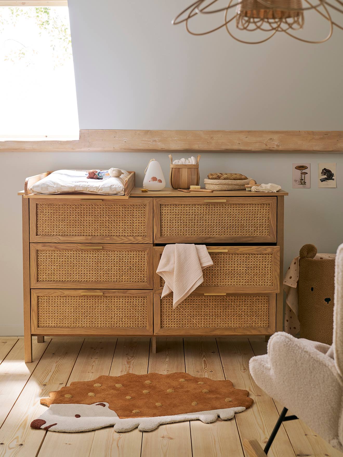 Commode double cannage ELLA avec 6 tiroirs, profondeur 42cm bois