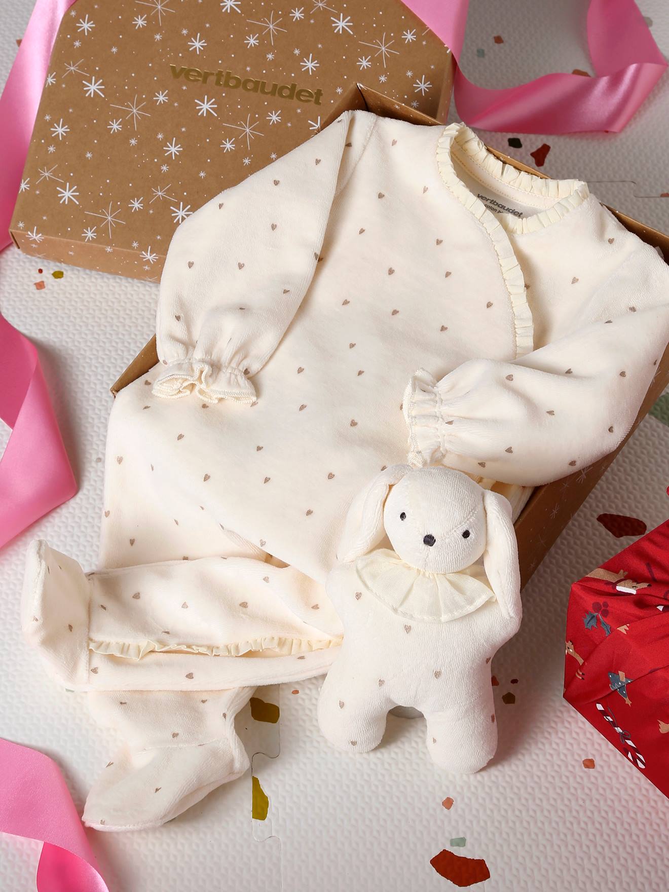 Pyjama bébé + doudou velours coffret cadeau naissance écru