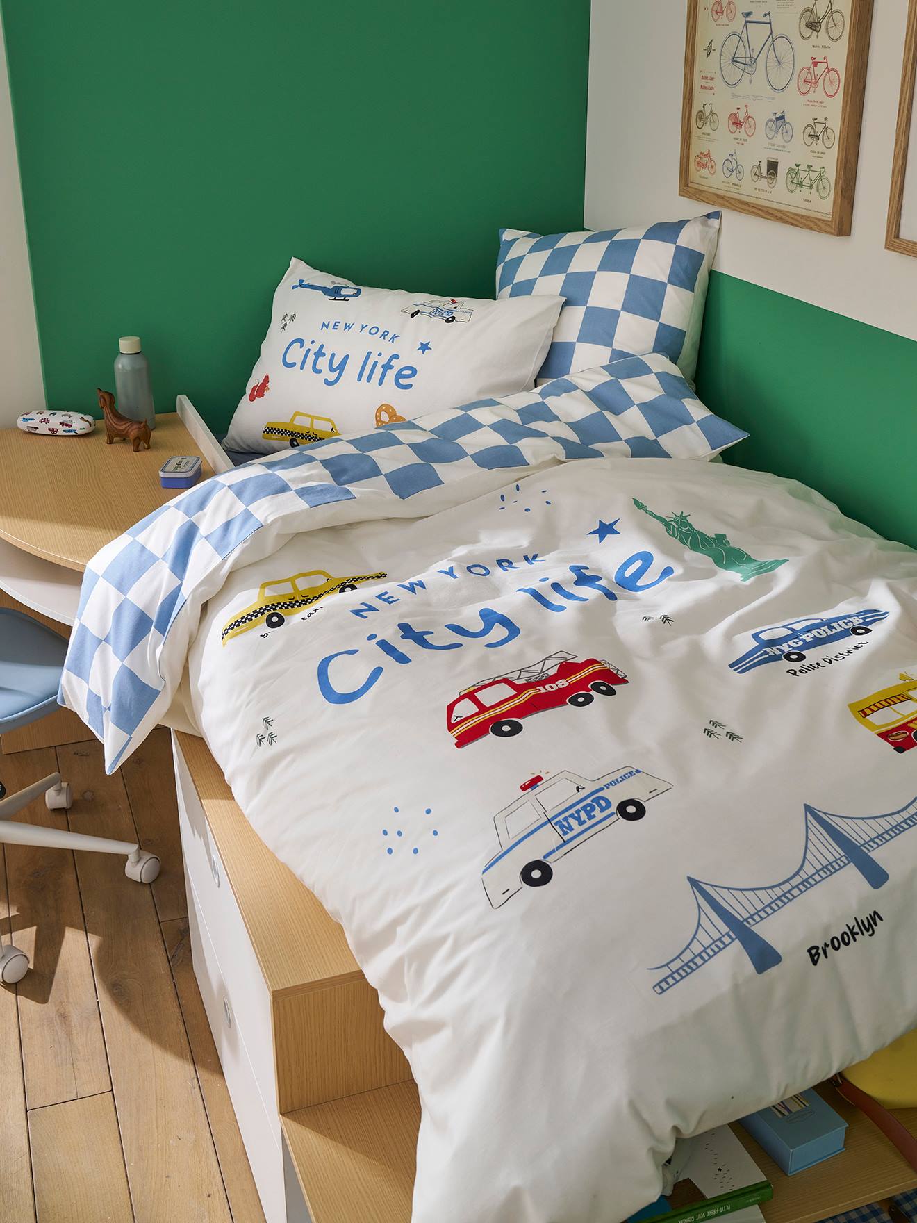 Parure housse de couette + taie d'oreiller enfant avec coton recyclé VARSITY carreaux bleu