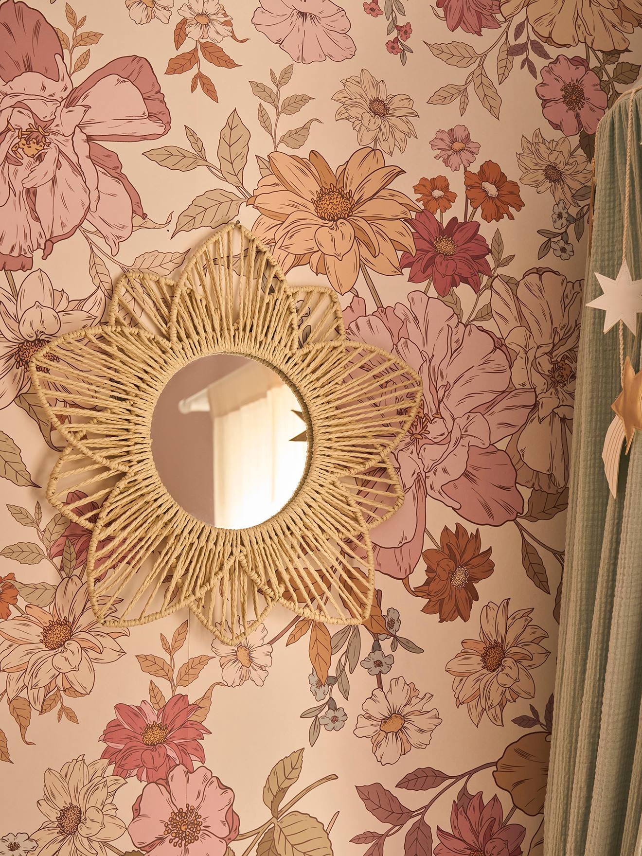 Miroir Fleur en corde de papier beige