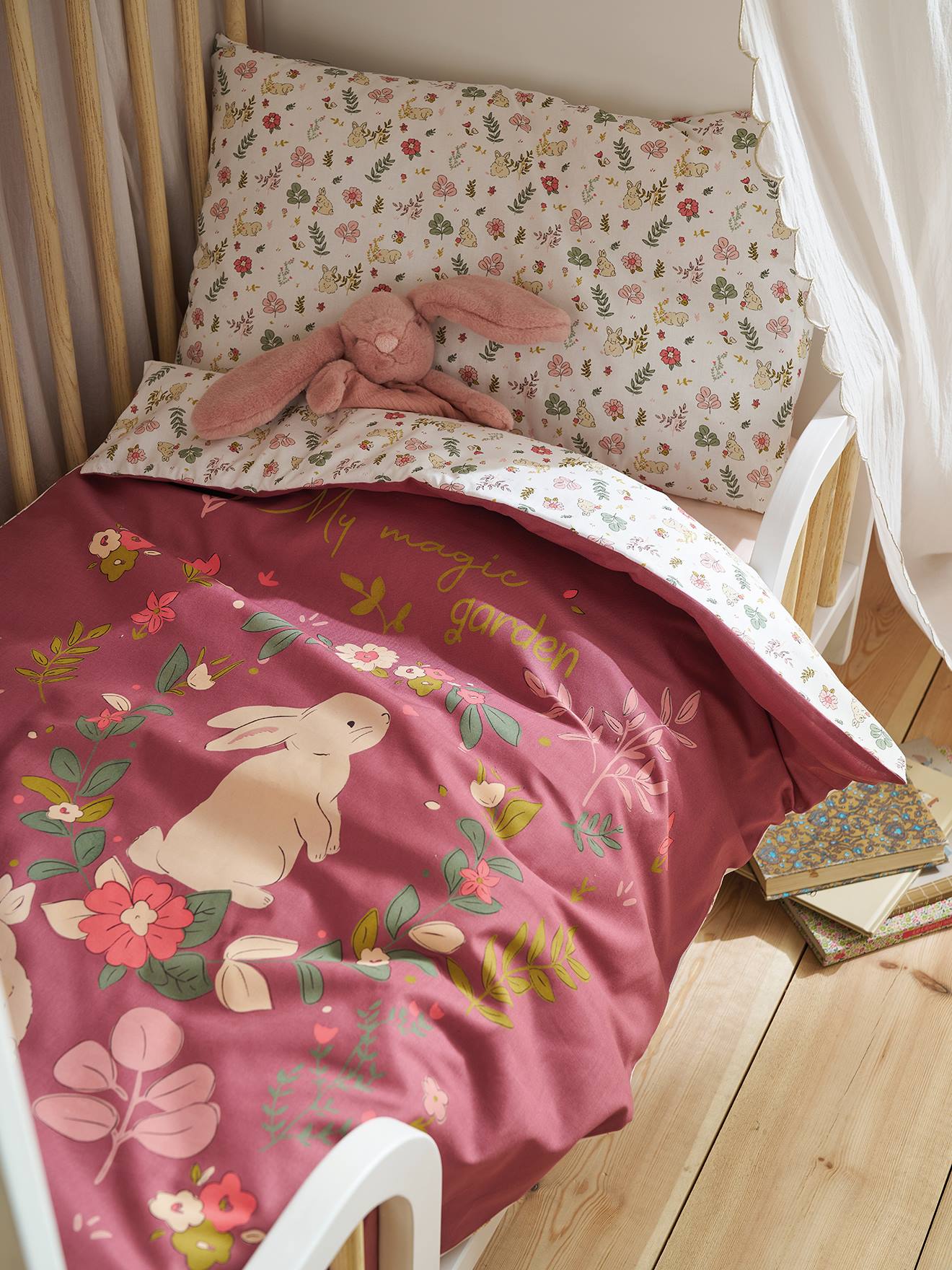 Parure bébé housse de couette + taie d'oreiller LAPIN ENCHANTÉ vieux rose