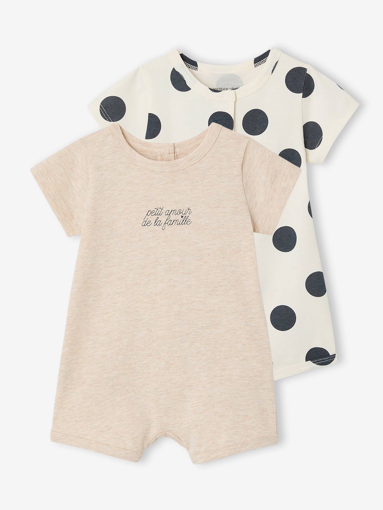 Coffret bébé 2 combishorts en coton bio beige chiné