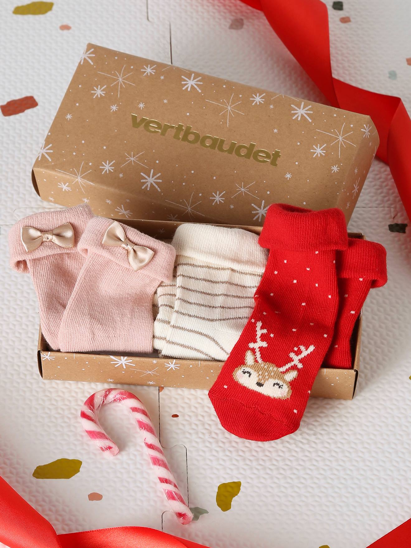 Coffret de 3 paires de chaussettes Noël bébé rose poudré