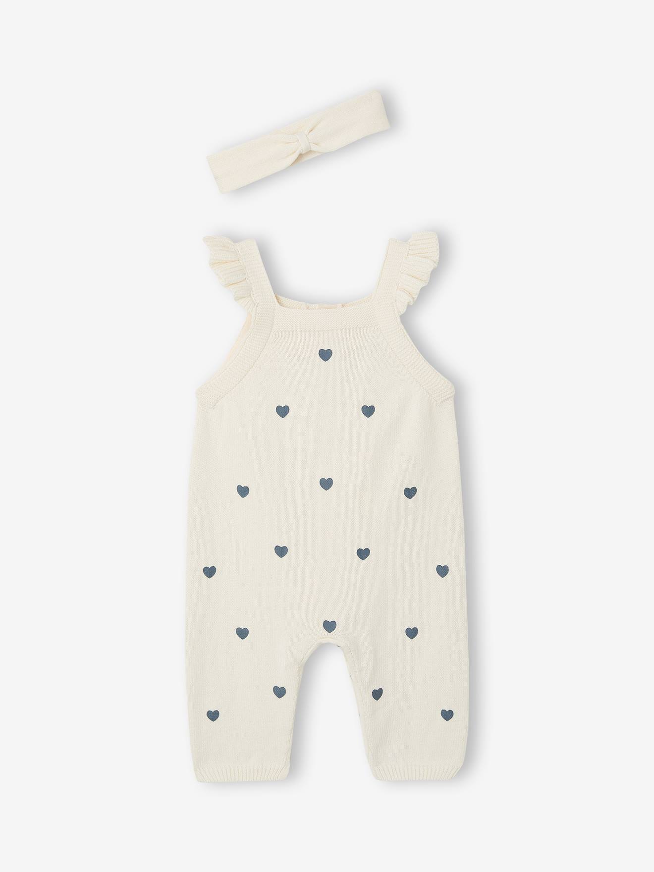 Coffret naissance salopette fille et bandeau écru