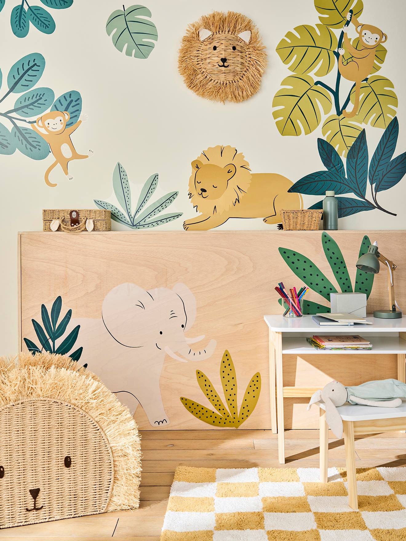 Panier de rangement Lion en corde de papier et raphia beige (Vertbaudet) - Image 1