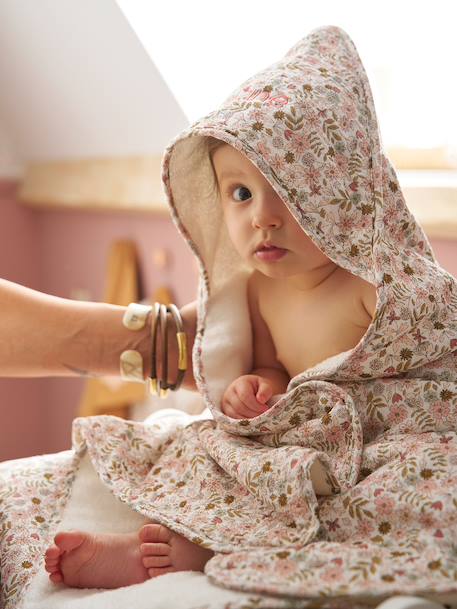 Bébé-Cape, peignoir de bain-Cape de bain gaze de coton personnalisable + gant de toilette FLORA