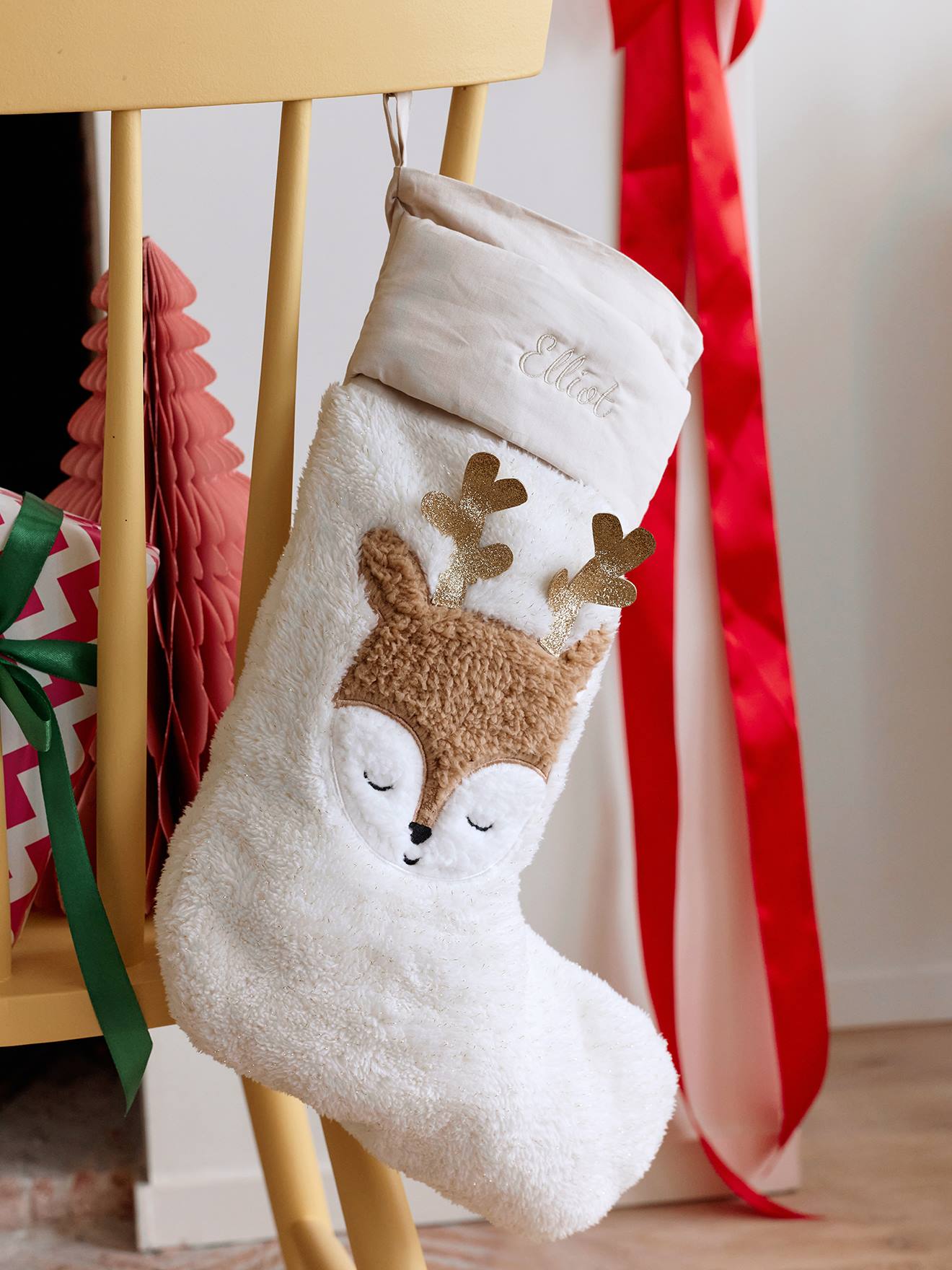 Chaussette Noël renne beige doré