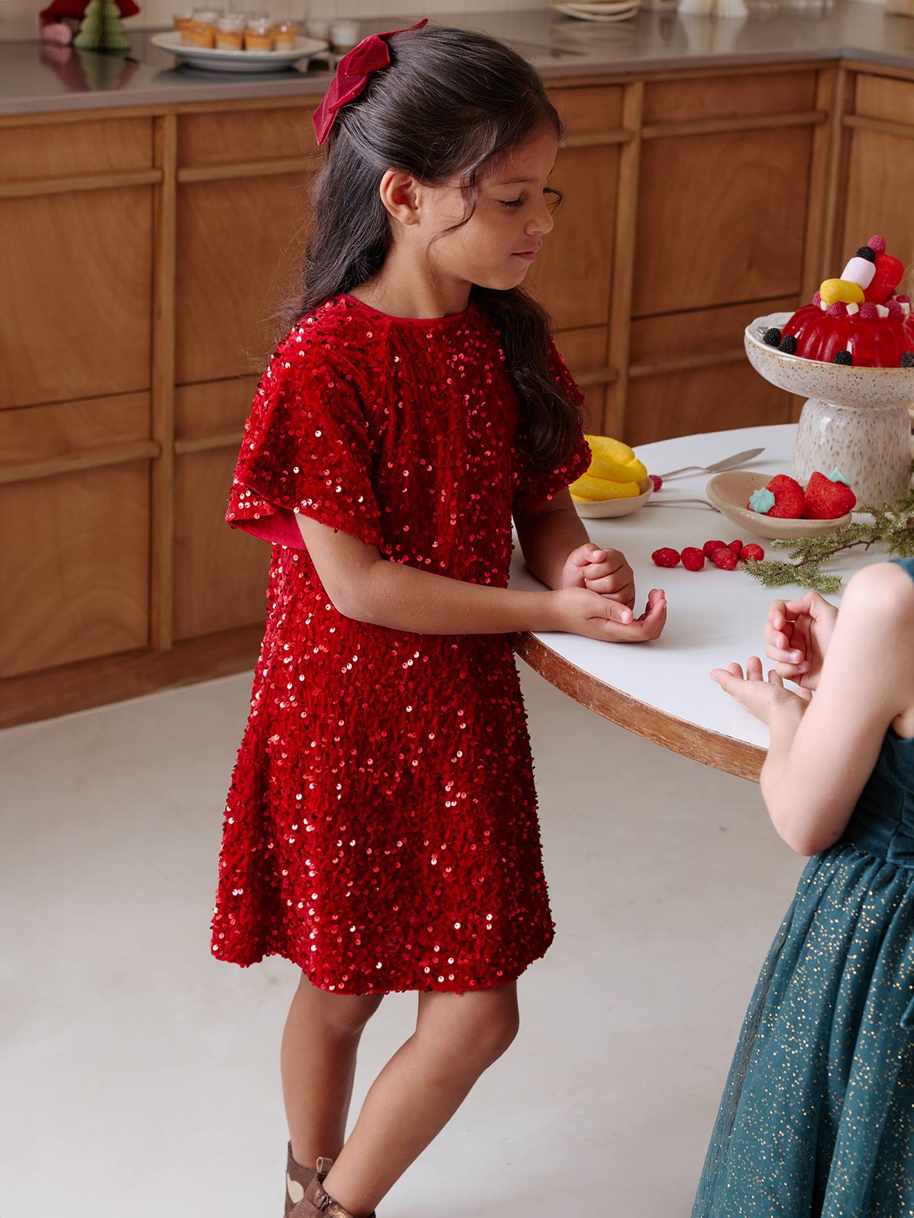 Robe fille en velours et sequins rouge