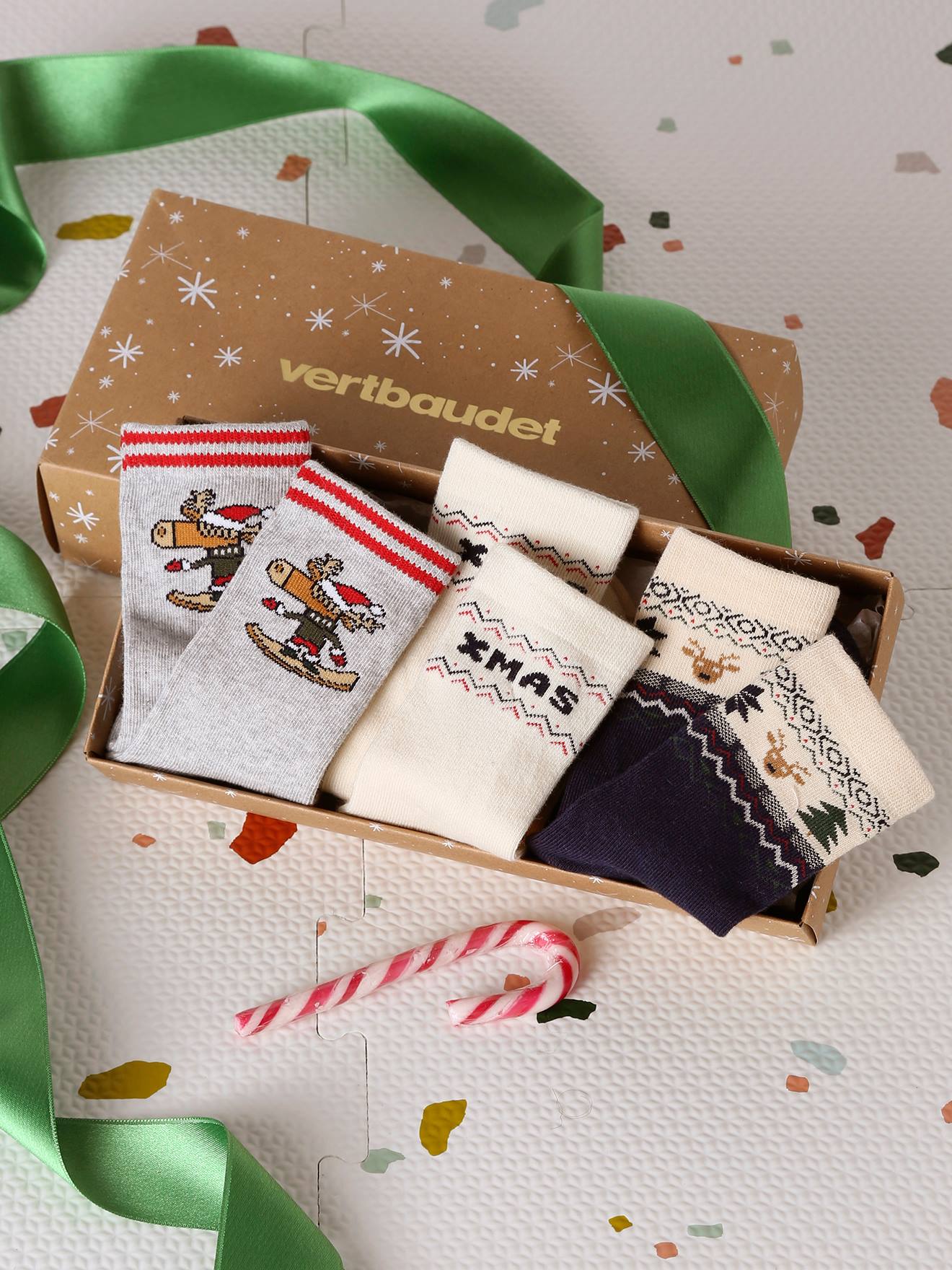 Coffret de 3 paires de chaussettes Noël garçon en maille bouclette écru