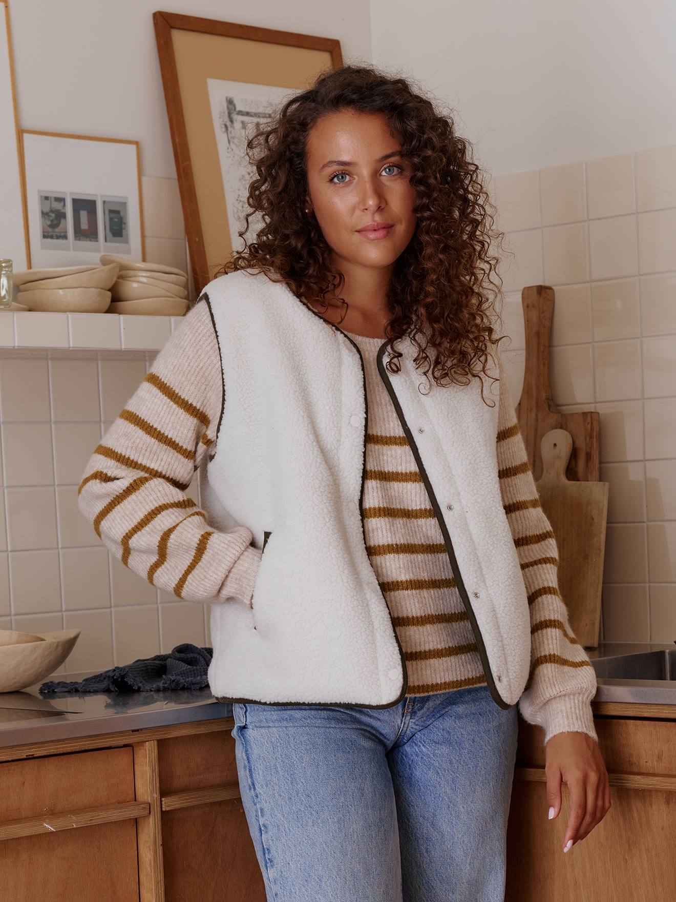 Gilet femme sans manches réversible capsule famille écru