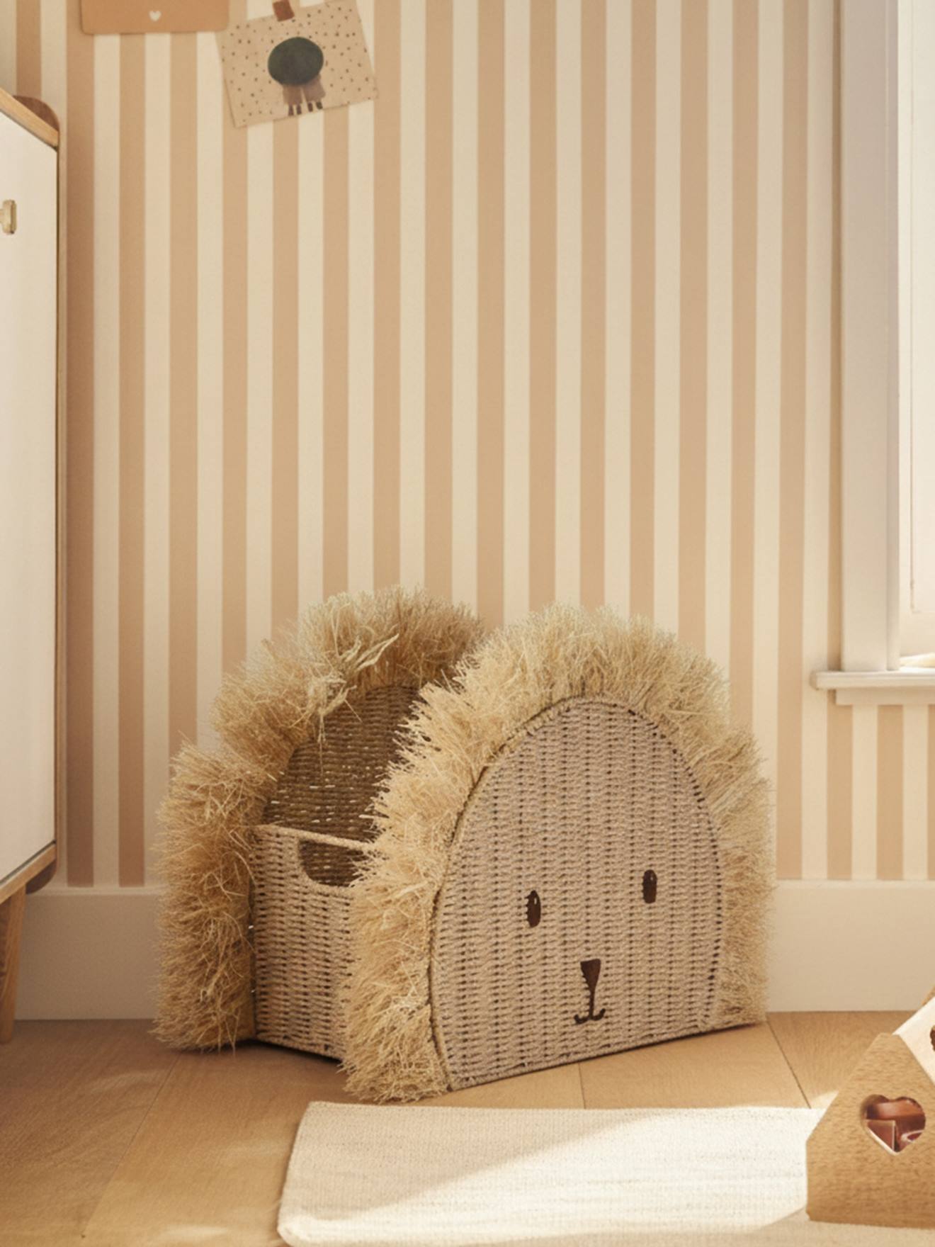 Panier de rangement Lion en corde de papier et raphia beige