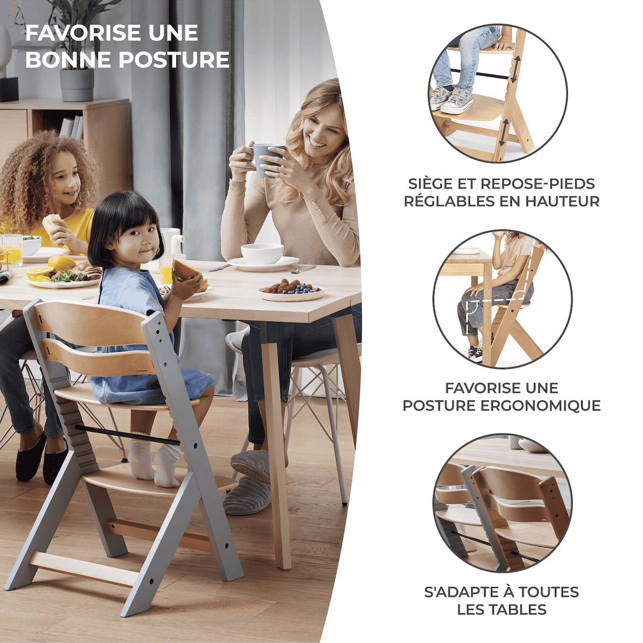 Chaise Haute Bois 3 En 1 Reglable Avec Harnais, Évolutive, Réglable Blanc/bois (Kinderkraft) - Image 2