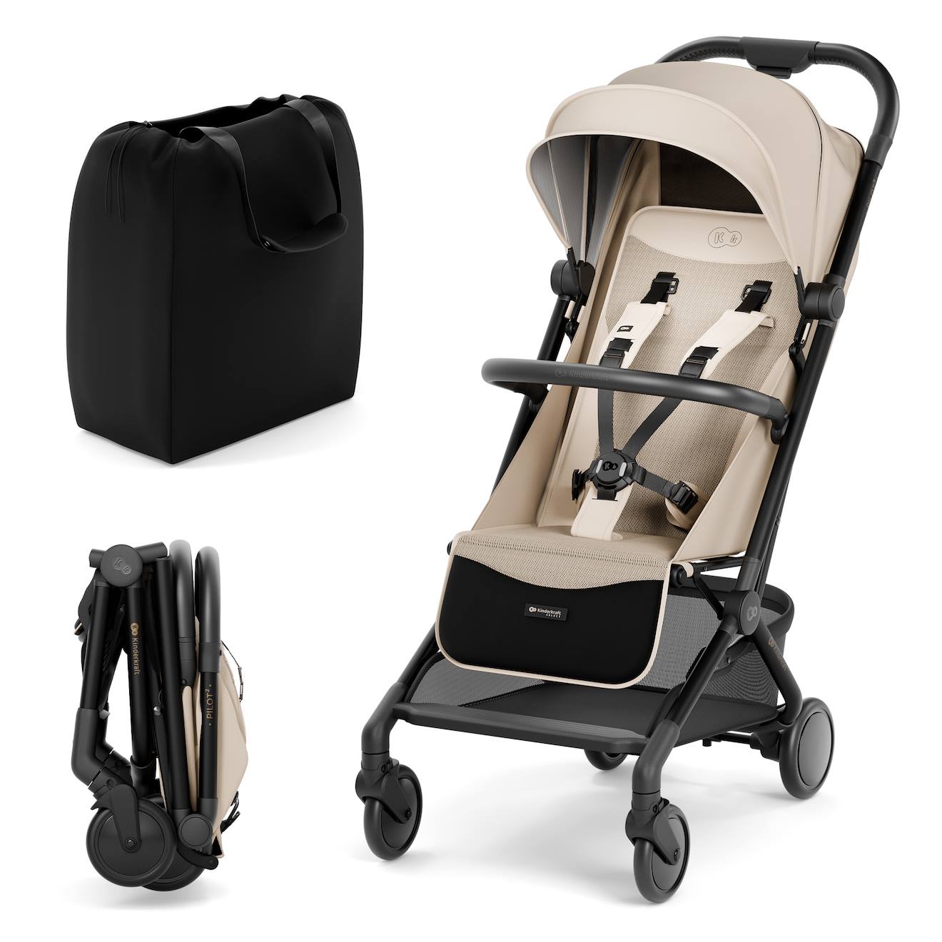 Poussette Cabine Kinderkraft Pilot 2 Avec Pliage À Une Main, Position Allongée, Harnais Magnétique Et Upf50+ Beige