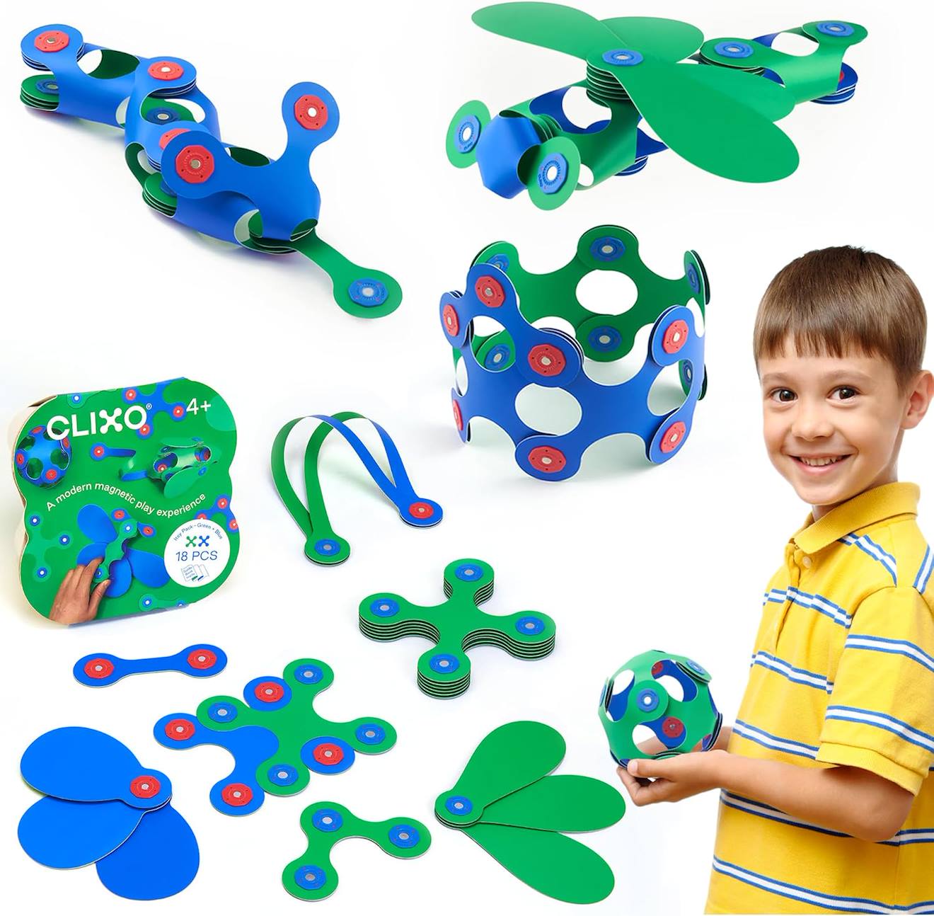 Itsy Pack (vert/bleu) Clixo - Jeu De Construction Magnétique, Flexible, Durable Et Imaginatif –18 Pièces - Dès 4 Ans Vert