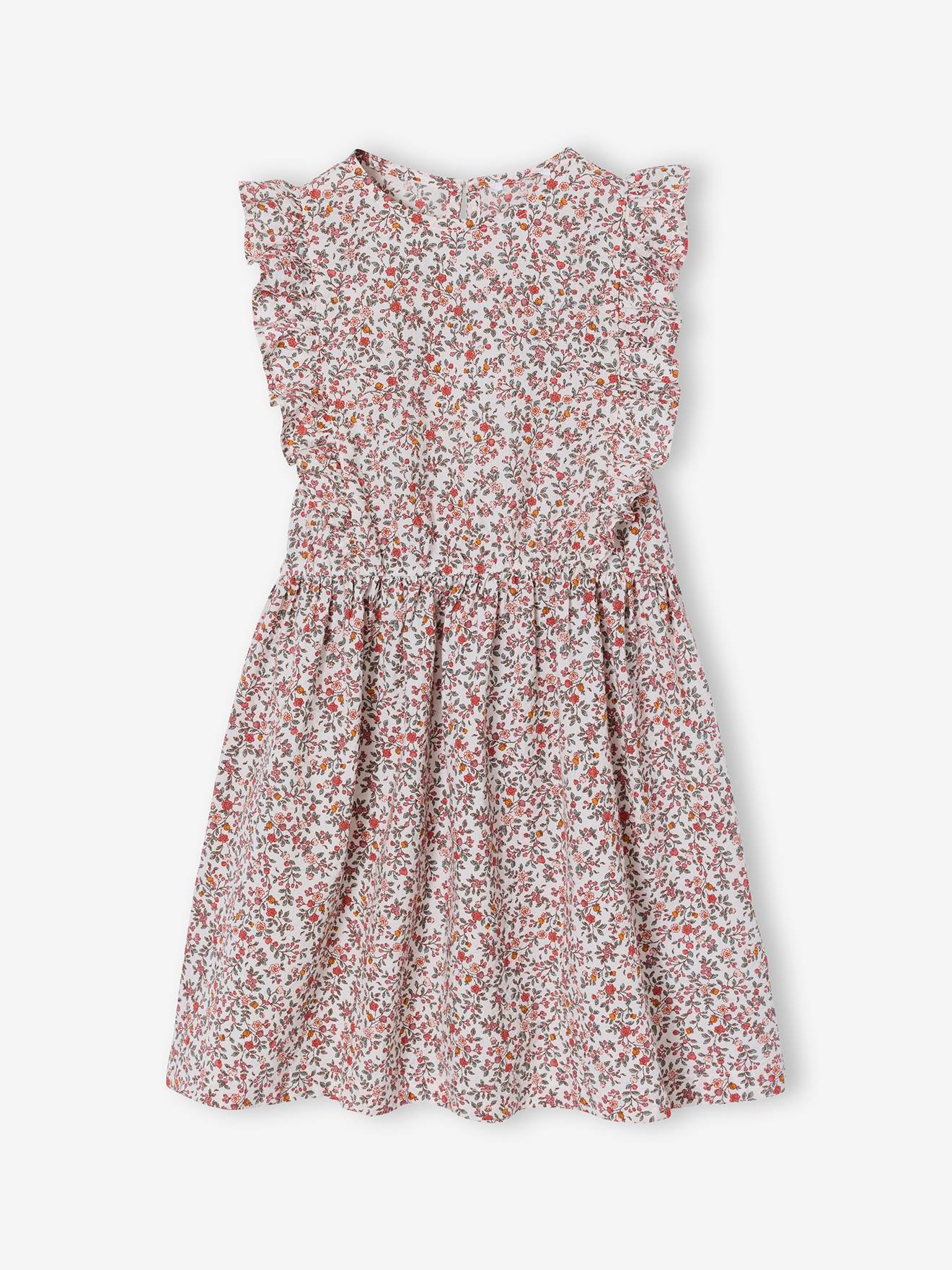 Robe fille en seersucker manches volantées blanc imprimé
