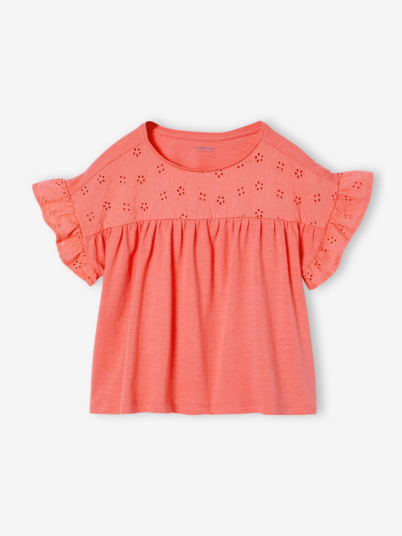 T-shirt fille manches détails brodés corail