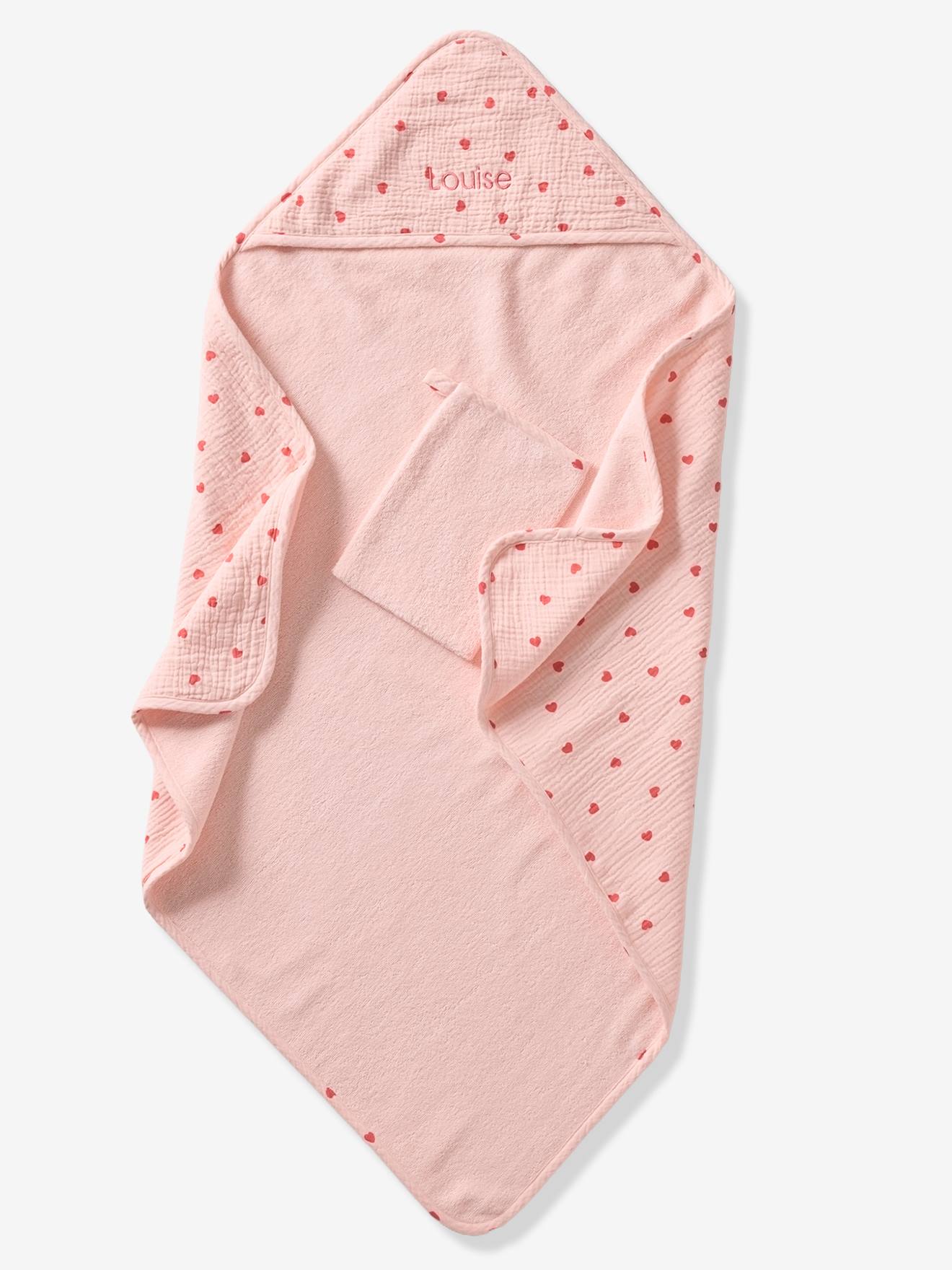 Cape de bain + gant de toilette MON COEUR rose imprimé (Vertbaudet) - Image 2