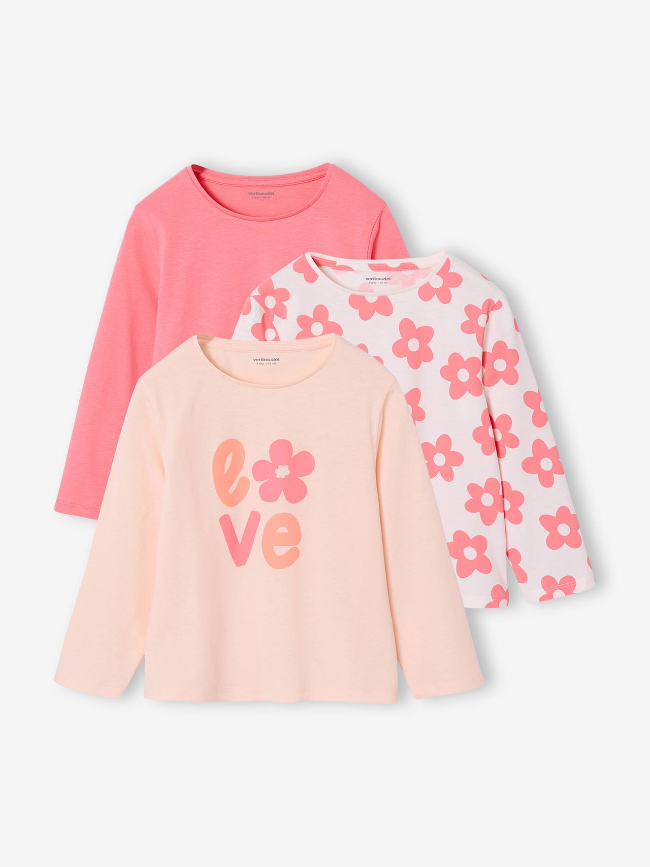 Lot de 3 t-shirts fille fantaisie manches longues rose