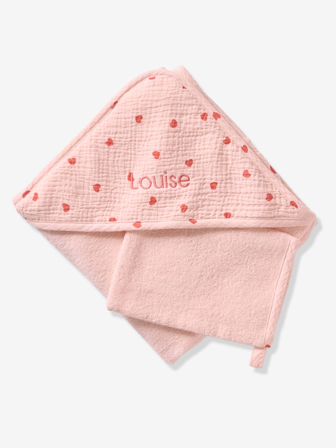 Cape de bain + gant de toilette MON COEUR rose imprimé (Vertbaudet) - Image 1