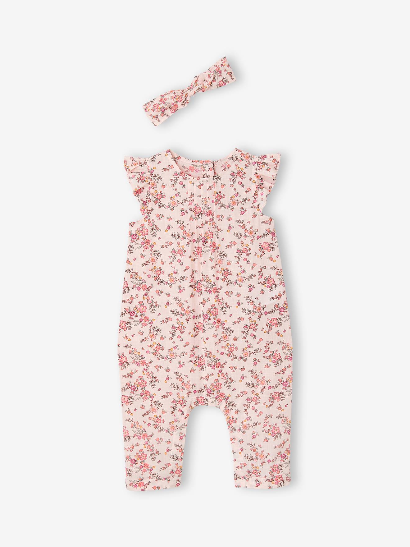 Ensemble bébé fille combinaison + bandeau imprimés rose poudré