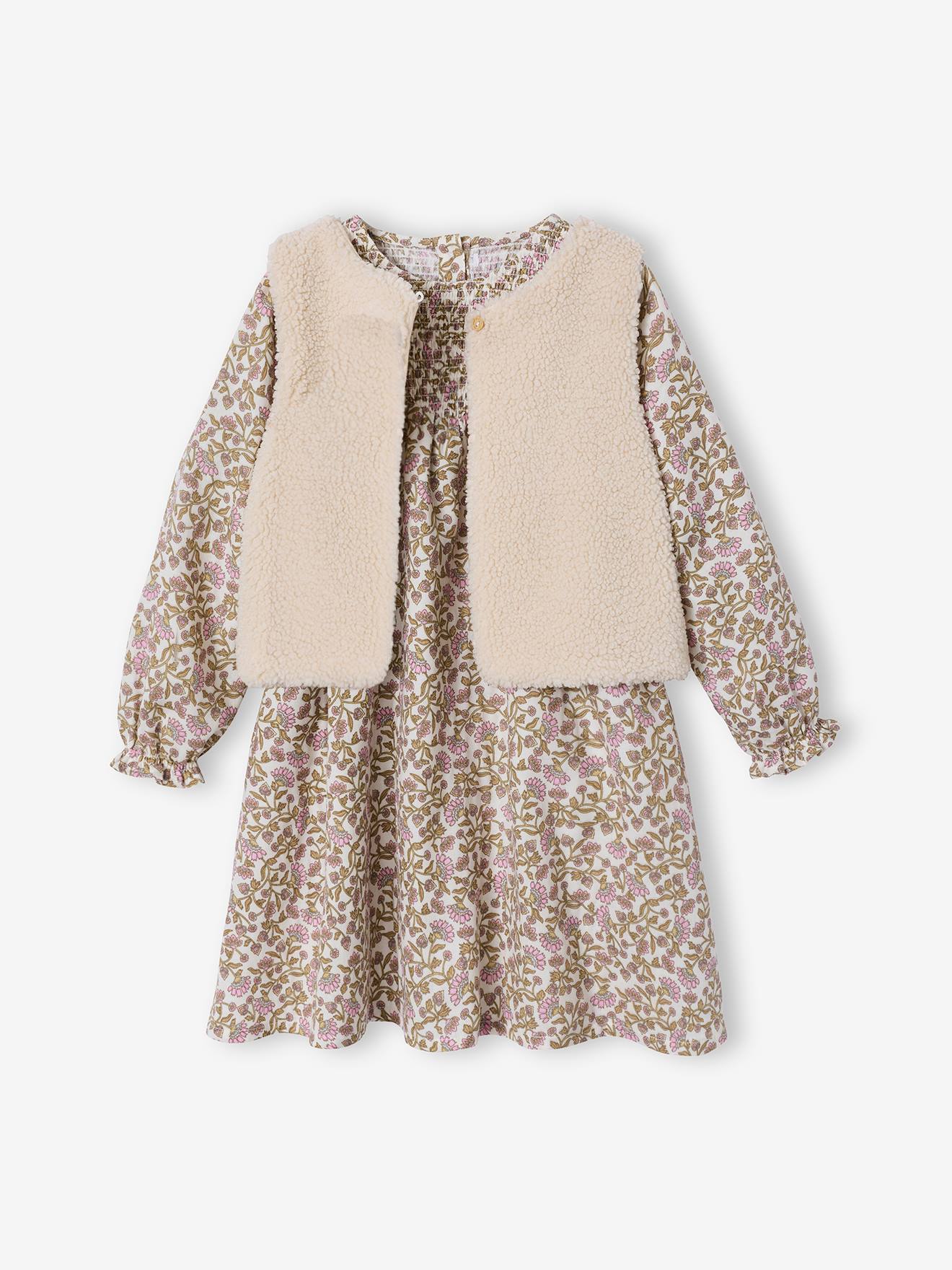 Ensemble fille robe et gilet sherpa écru