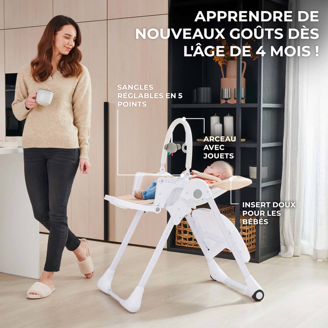 Chaise Haute 2 En 1, Ergonomique, Inclinable, Pliable Avec Hauteur Réglable Beige (Kinderkraft) - Image 1