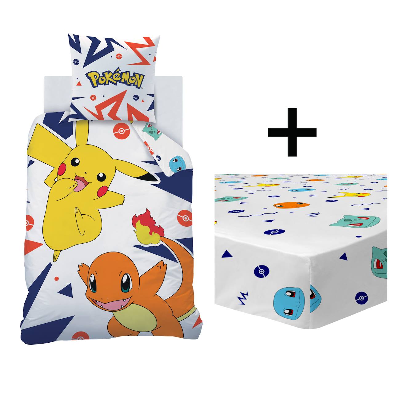 Parure De Lit Imprimée + Drap Housse 100% Coton, Pokemon Ziggy Blanc
