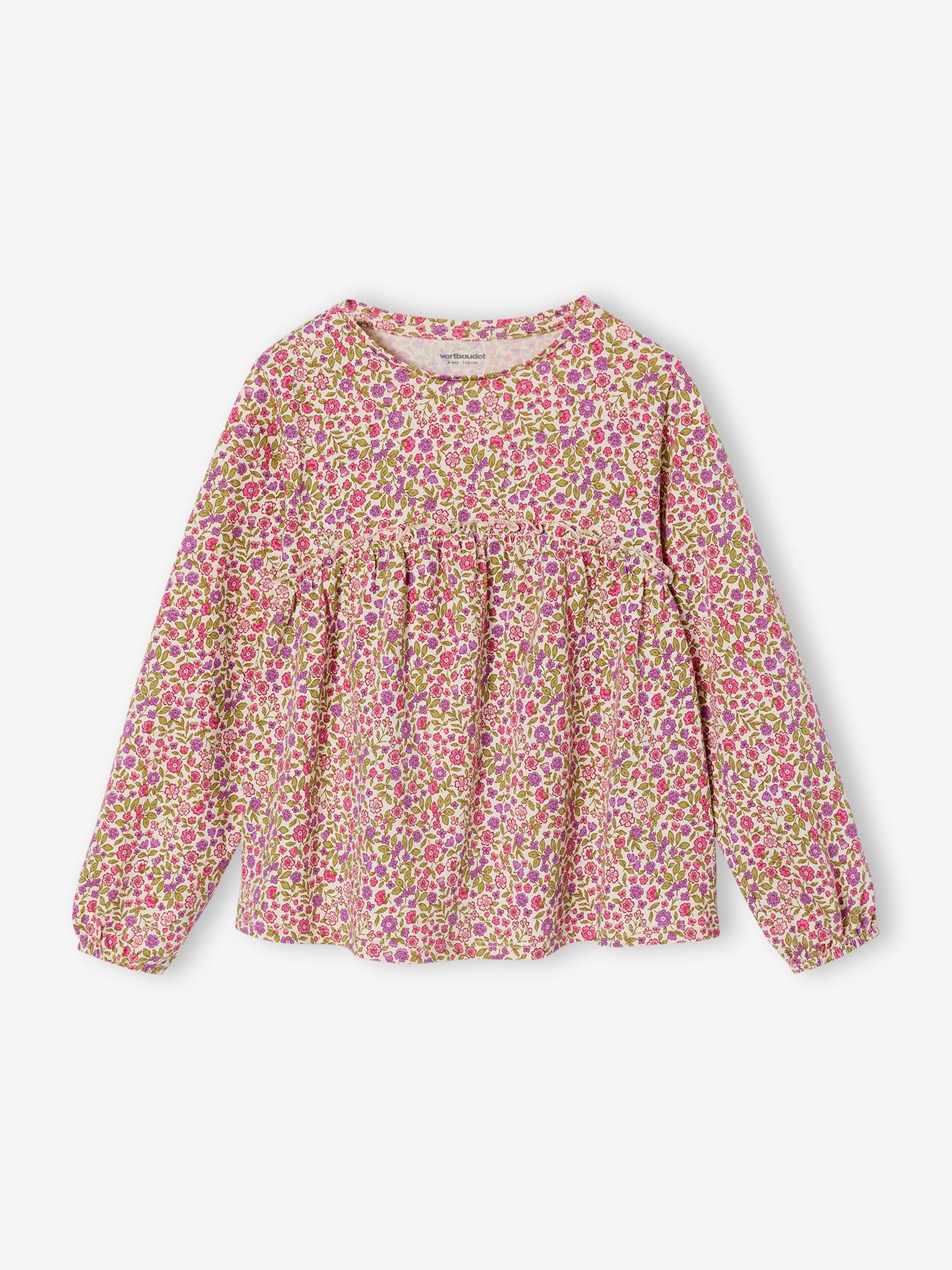 T-shirt blouse fille imprimé manches longues écru