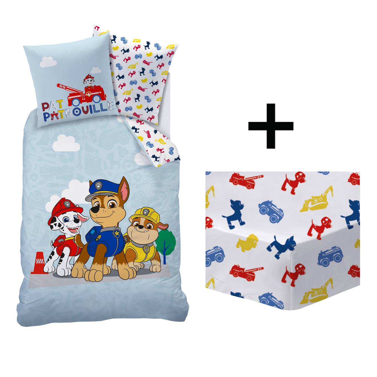 Parure De Lit Imprimée + Drap Housse 100% Coton, Pat Patrouille Patboy Bleu