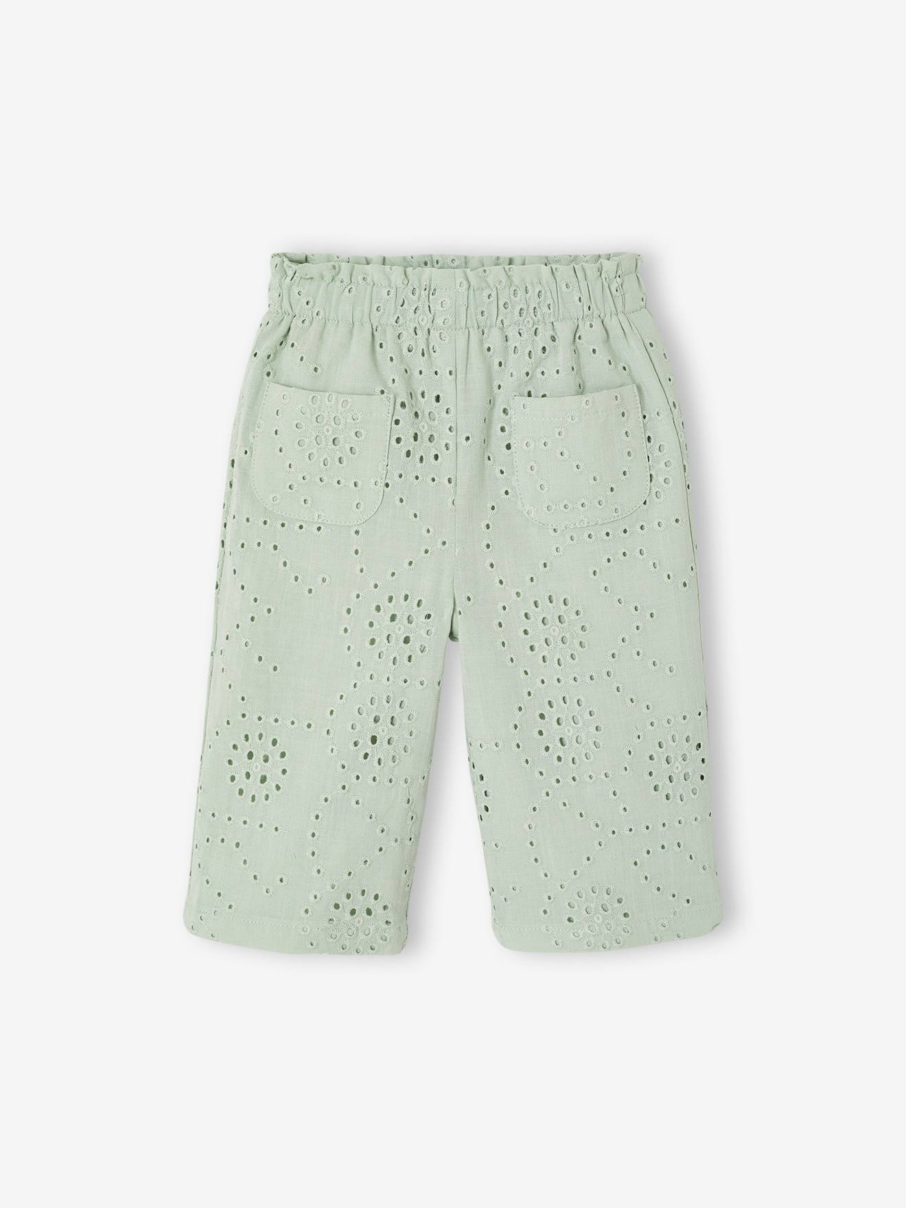 Pantalon bébé fille broderie anglaise vert d'eau
