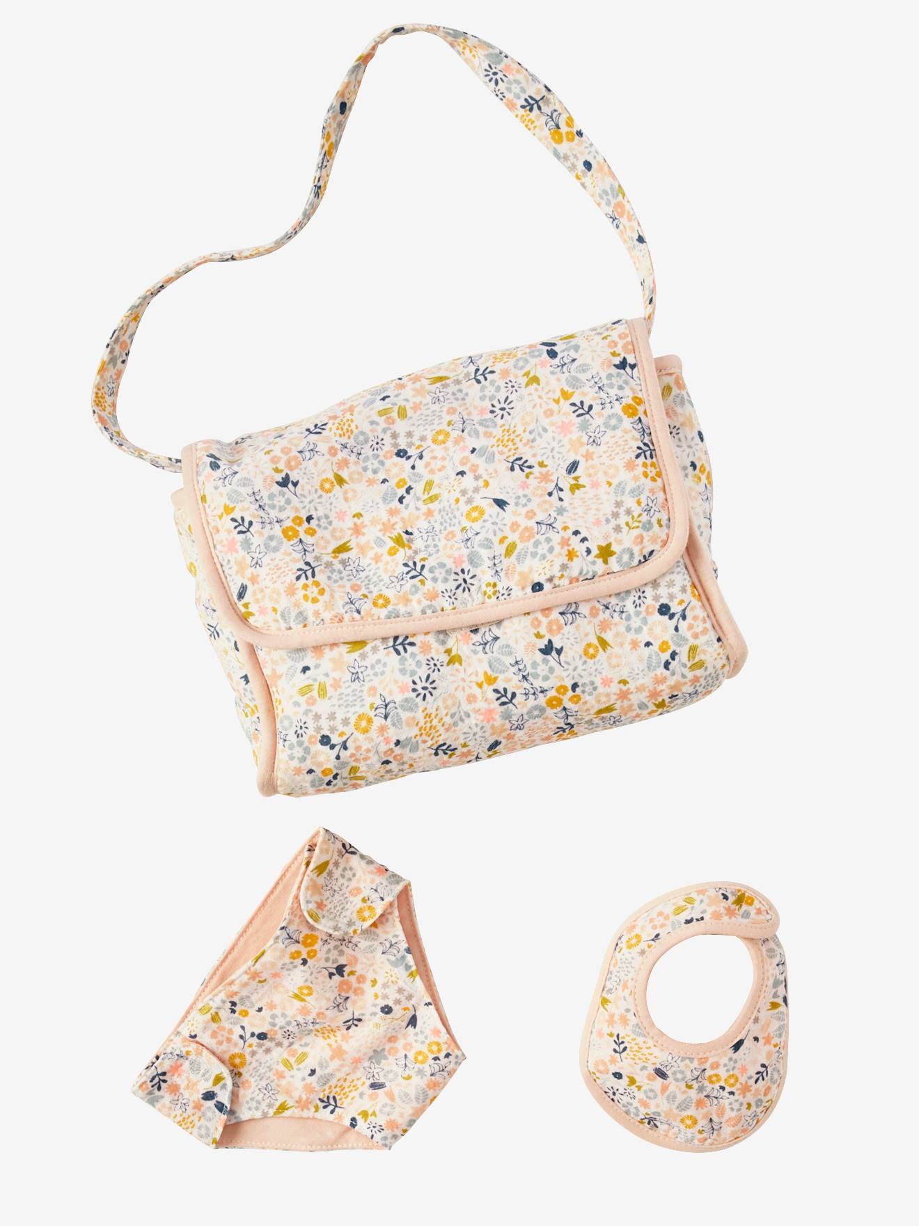 Sac à langer poupon personnalisable + couche + bavoir rose