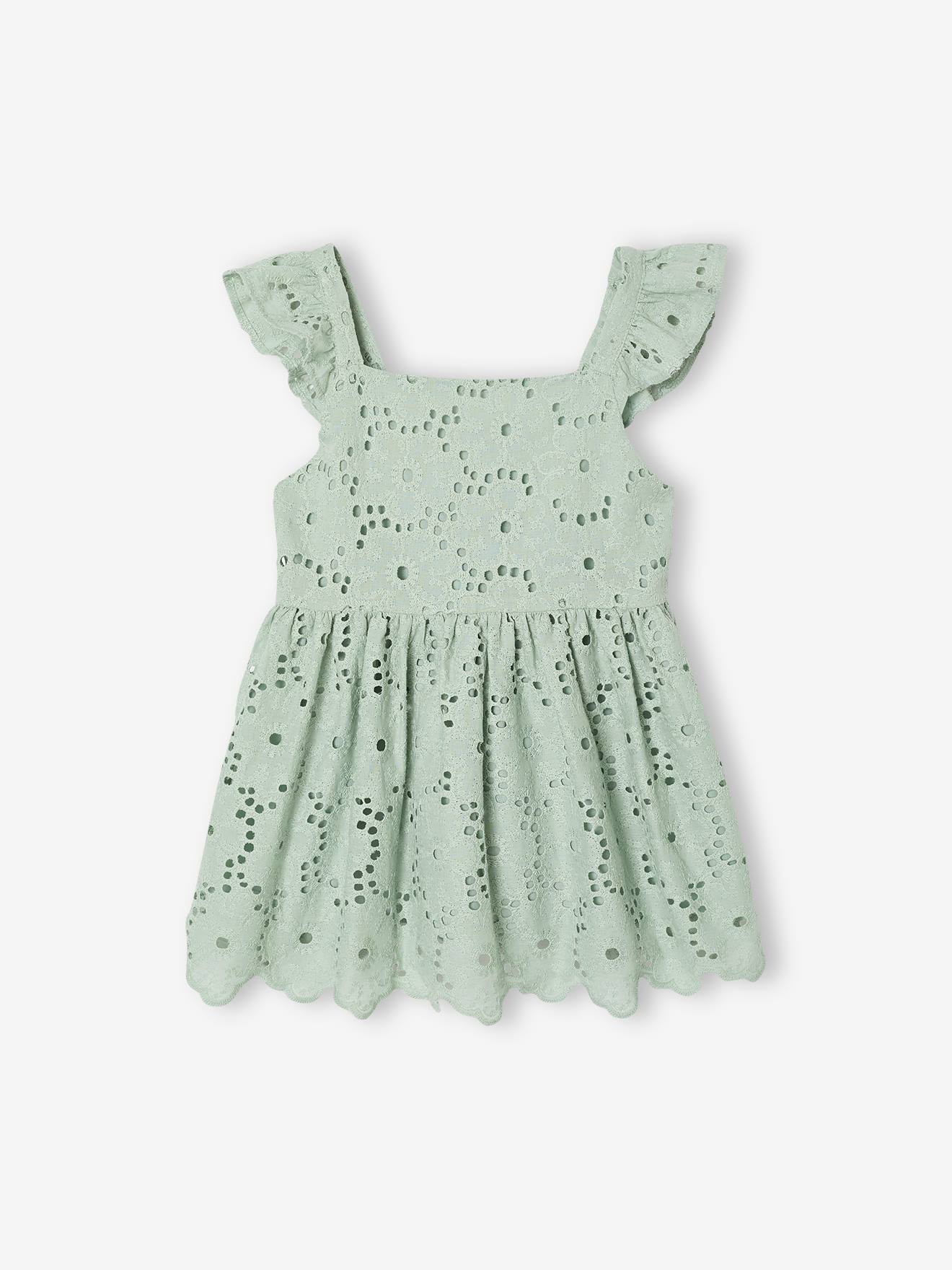 Blouse fille broderie anglaise à volants vert sauge
