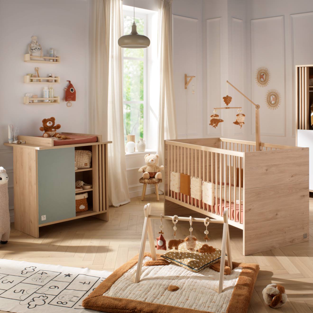 Chambre Bébé, Lit Évolutif Et Commode À Langer Avec Claustra - Tokyo Vert/marron