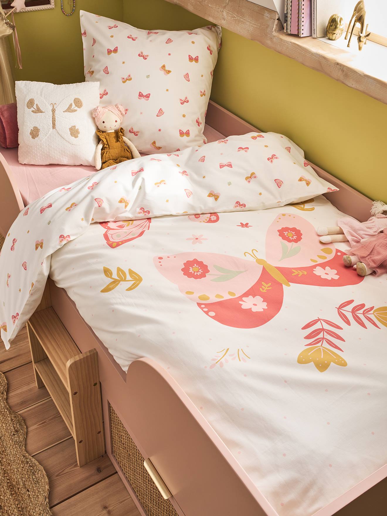 Parure housse de couette et taie d'oreiller ENVOLEE rose imprimé