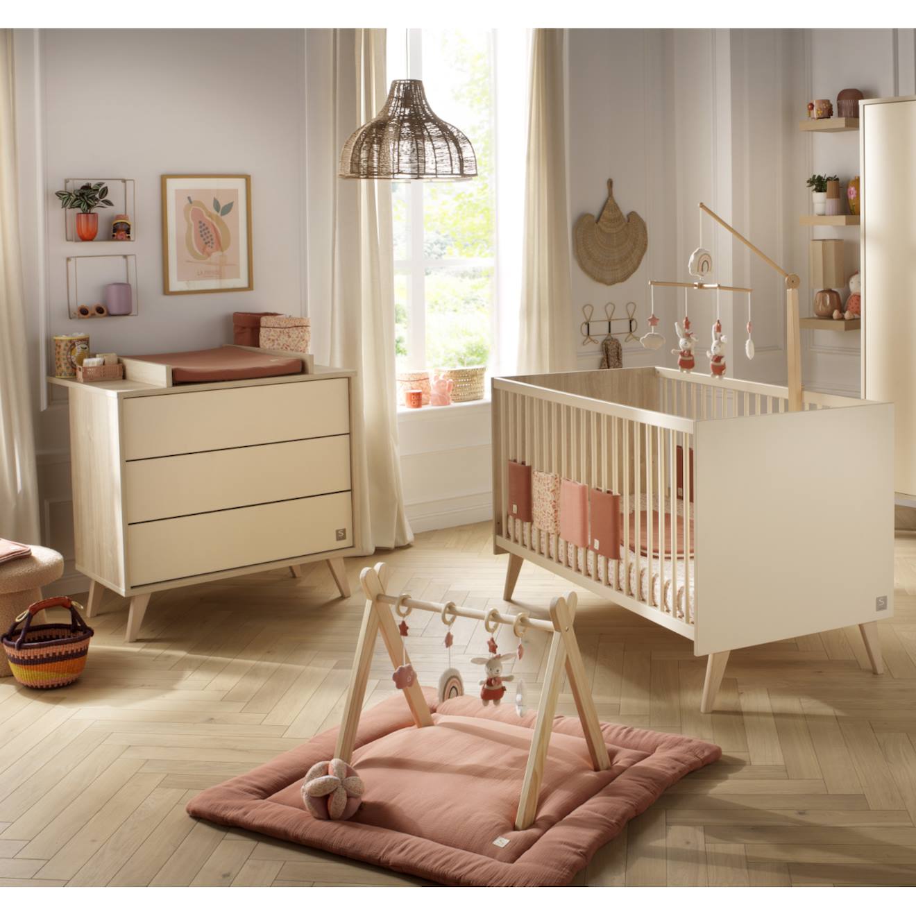 Chambre Bébé, Lit Évolutif Et Commode À Langer 3 Tiroirs - Melinee Beige