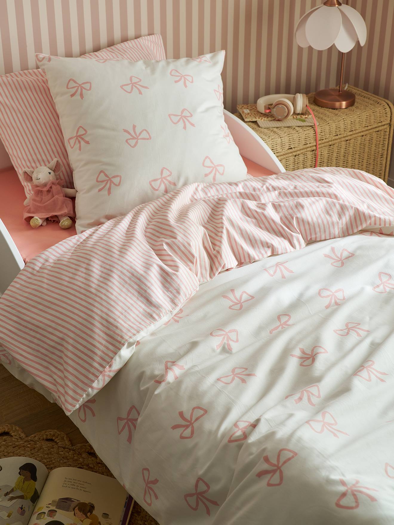 Parure housse de couette et taie d'oreiller NOEUDS avec coton recyclé rose imprimé