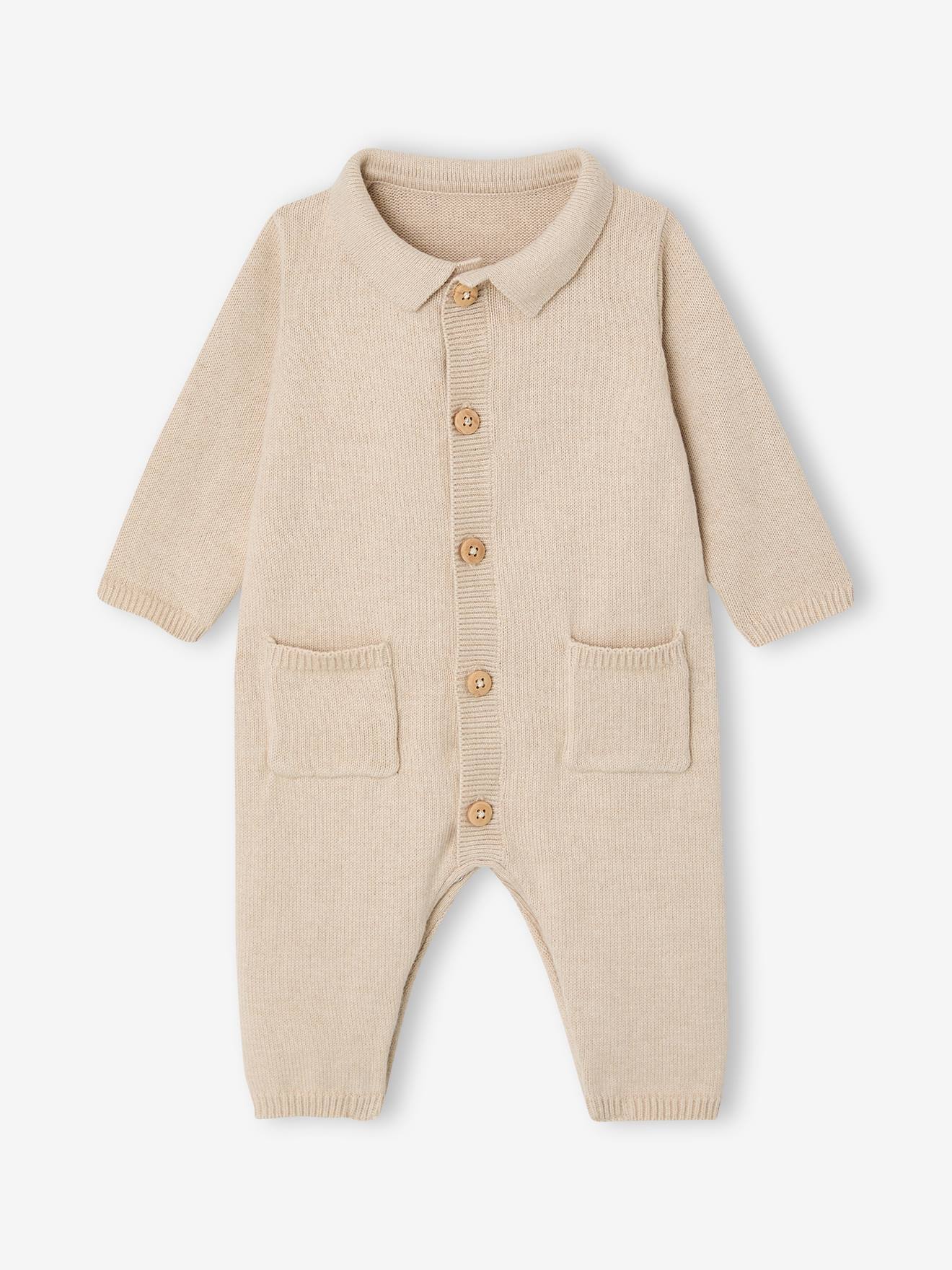 Coffret bébé combinaison tricot et bandana beige chiné (Vertbaudet) - Image 1