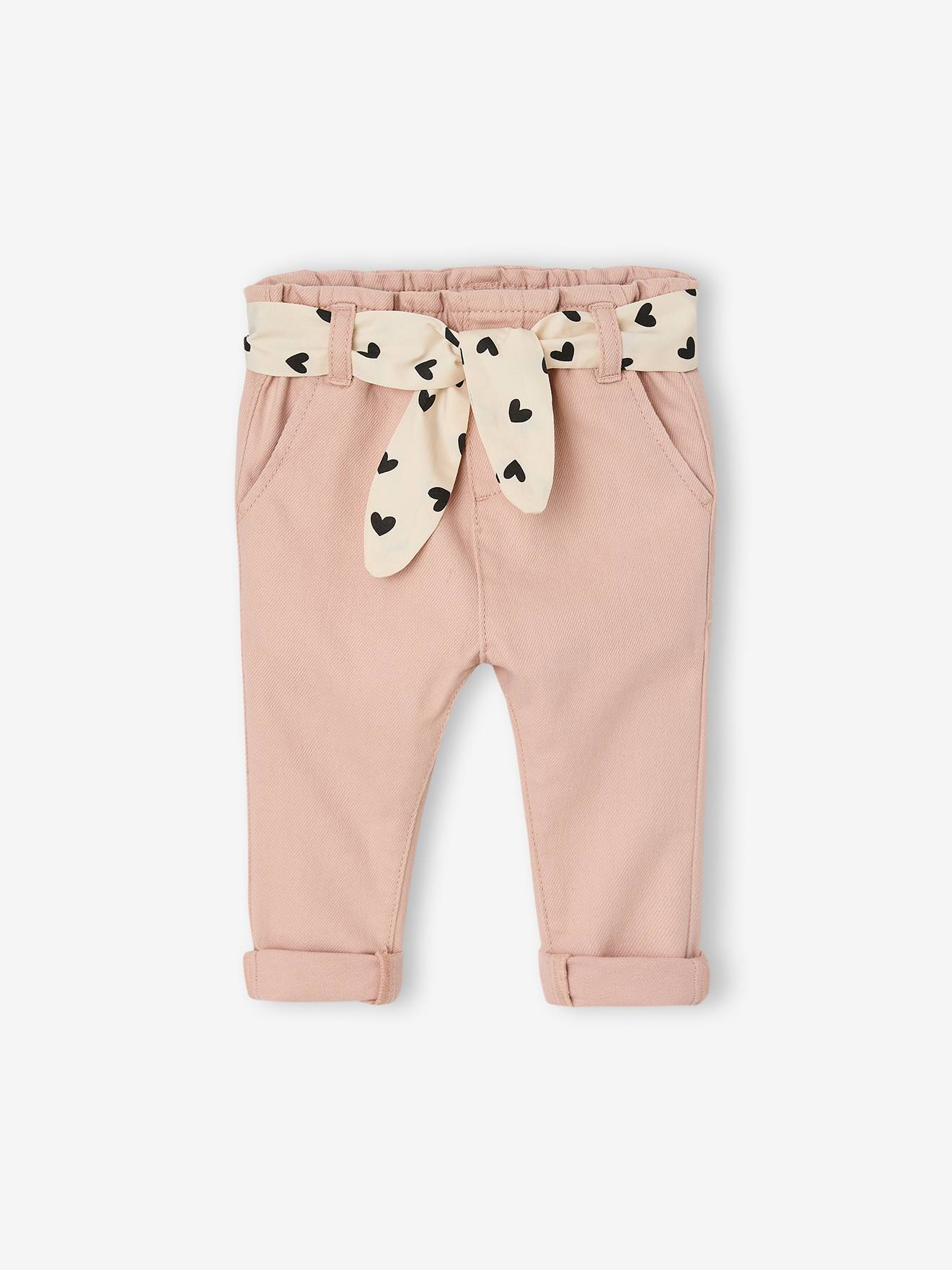 Pantalon paperbag bébé avec ceinture vieux rose